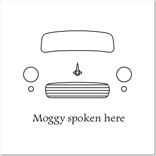 "Moggy spoken here" Morris Minor 1960s British classic car outline black Posters and Art